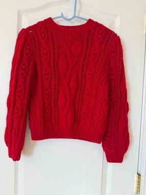 CO Red Wool Cashmere Cable Knit Bobble Sweater XS Fall Winter
